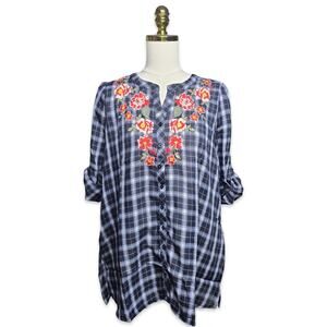 Andrée by Unit Embroidered Plaid Tunic Top L Boho Floral Roll Tab Blue NWT